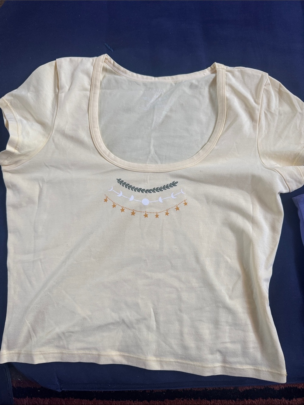 Women’s light yellow Scoop Neck Crop Top with Celestial Graphic